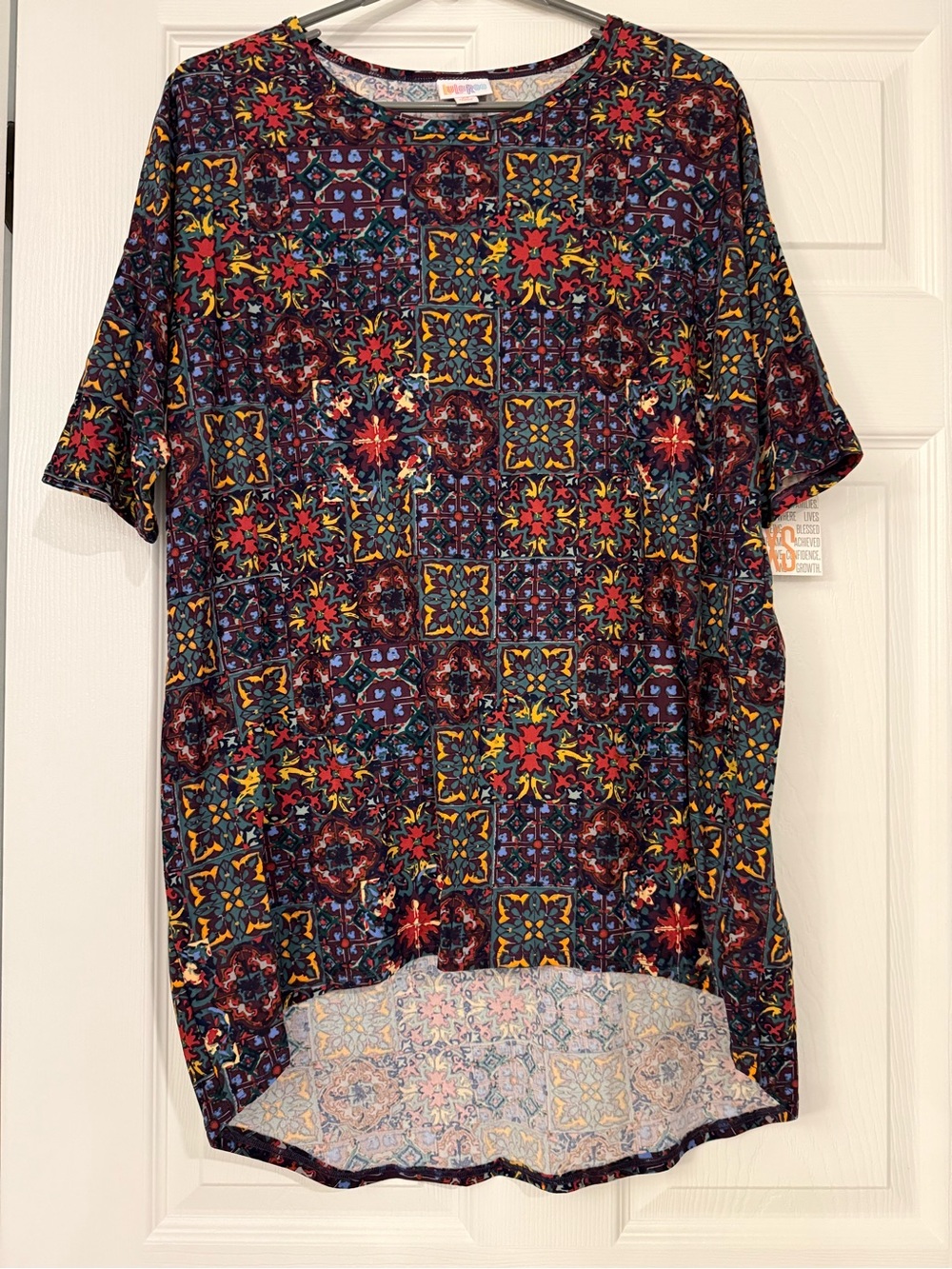 LuLaRoe Irma Multicolor Mosaic Print Women’s Short Sleeve Top - Red/Blue/Yellow
